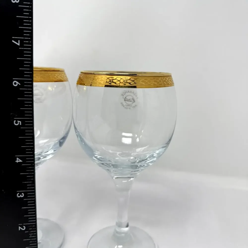 Pasabahce Circle Turkey Gold Rim Goblet Glasses Set of 2 Art of Glass 6.25”